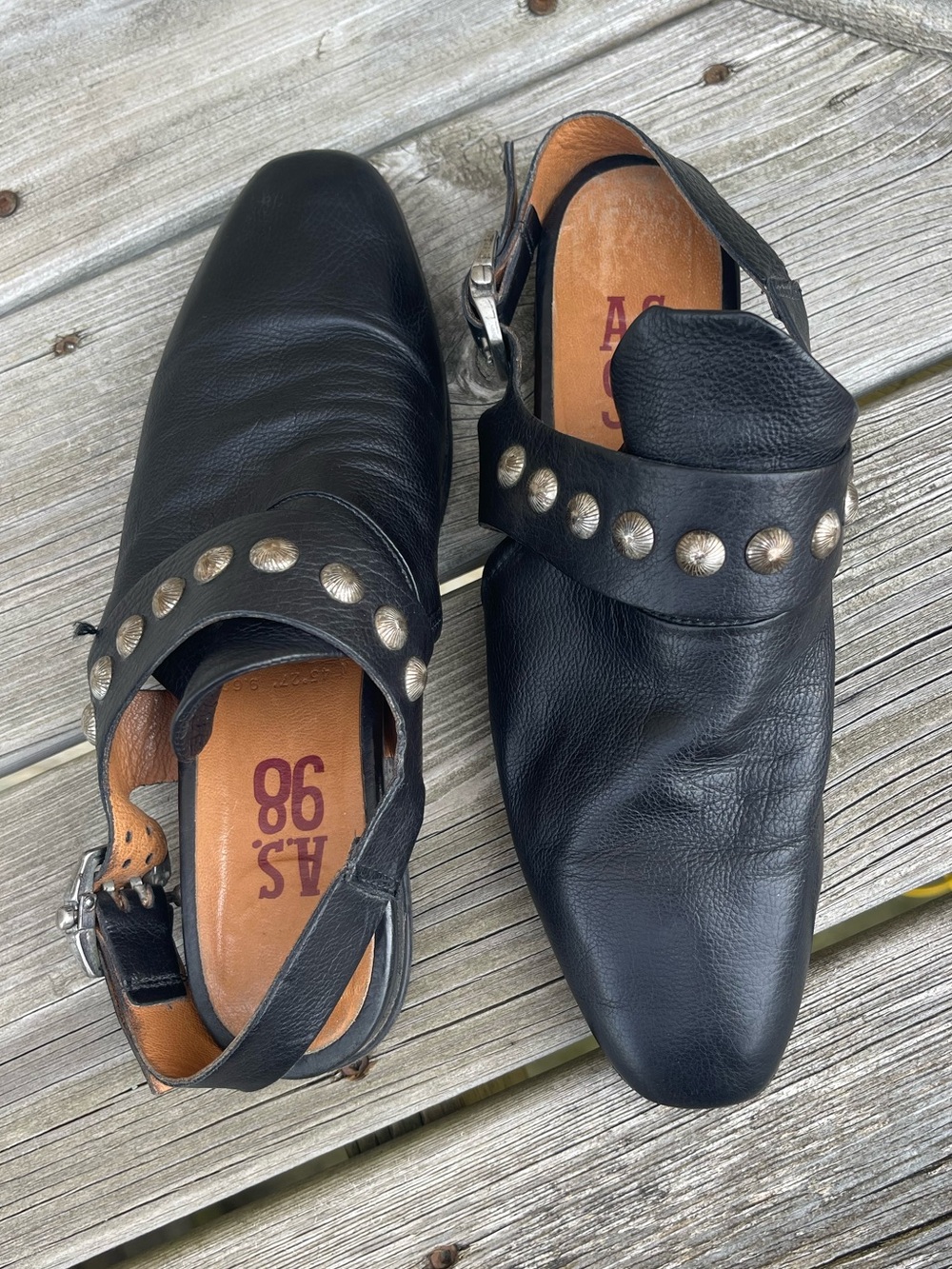 A.S.98 Black Leather Studded Slingback Mules Flats Italy Boho Western Size 39